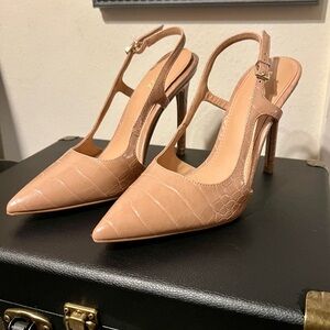 Express Tan Croc-Embossed Slingback Heels